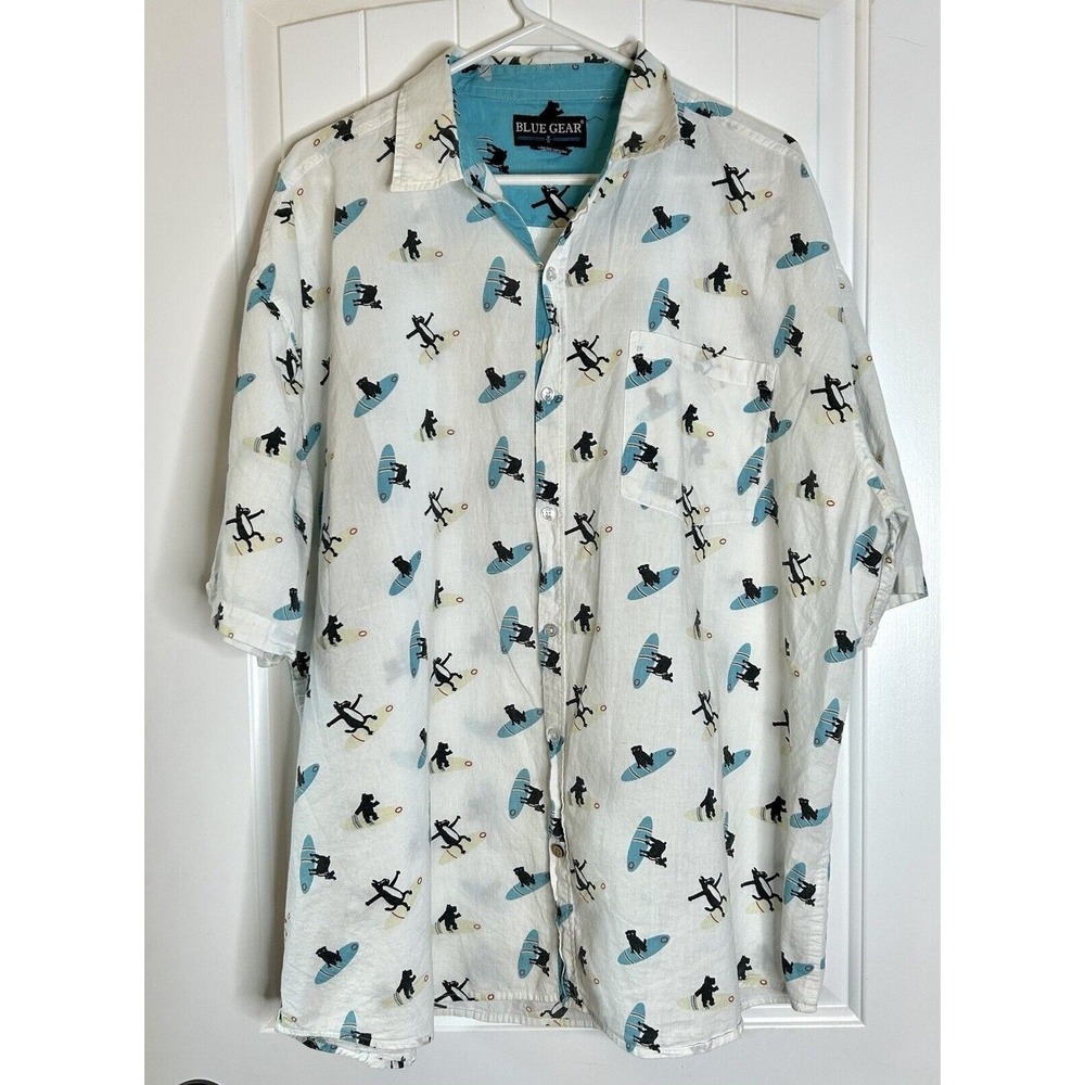 Blue Gear Slim Fit Men's Size XXL Blue Short Sleeve Surfing Dogs Print Shirt